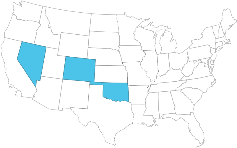 Map of United States with states we service highlighted: Nevada, Colorado, and Oklahoma.