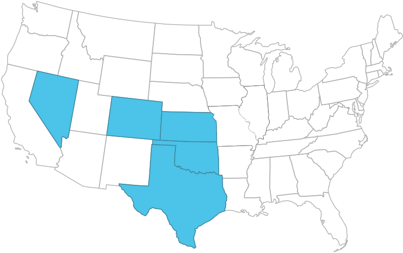 Map of United States with states we service highlighted: Nevada, Colorado, Kansas, Oklahoma, Texas, Missouri and Illinois.